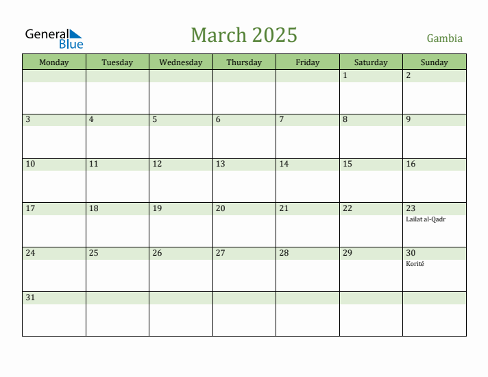 March 2025 Calendar with Gambia Holidays