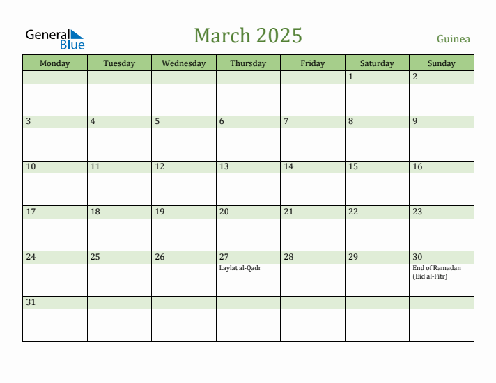 March 2025 Calendar with Guinea Holidays