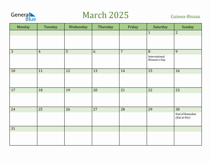 March 2025 Calendar with Guinea-Bissau Holidays