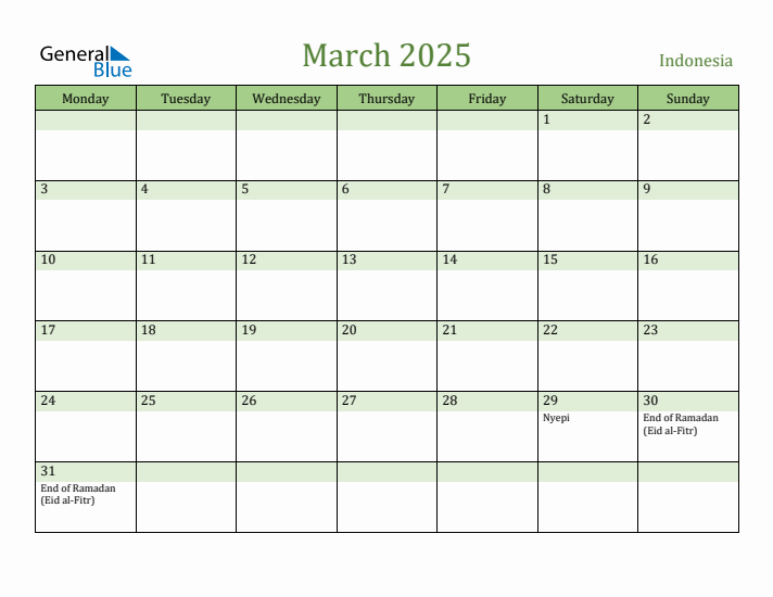 March 2025 Calendar with Indonesia Holidays