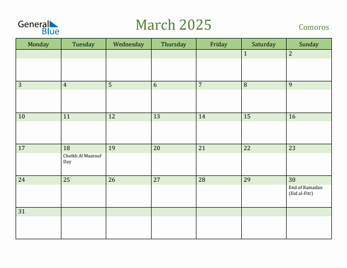 March 2025 Calendar with Comoros Holidays