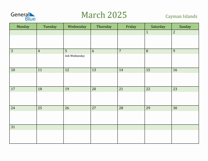 March 2025 Calendar with Cayman Islands Holidays