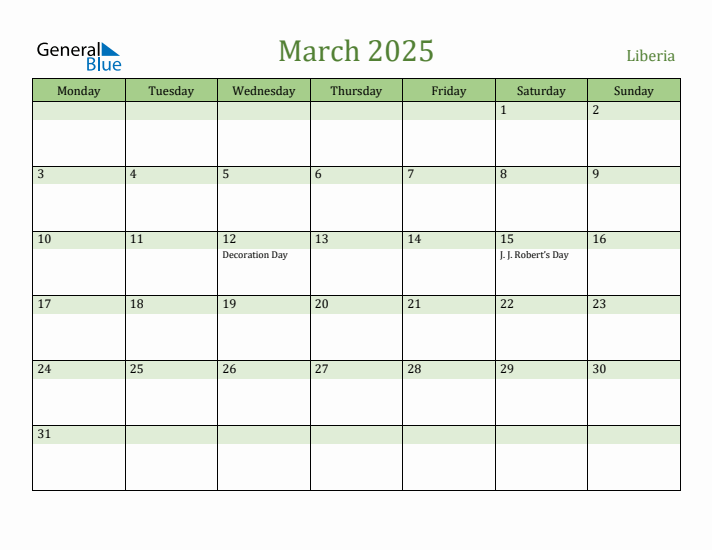 March 2025 Calendar with Liberia Holidays