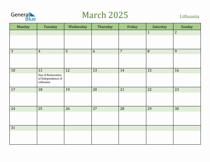 March 2025 Calendar with Lithuania Holidays