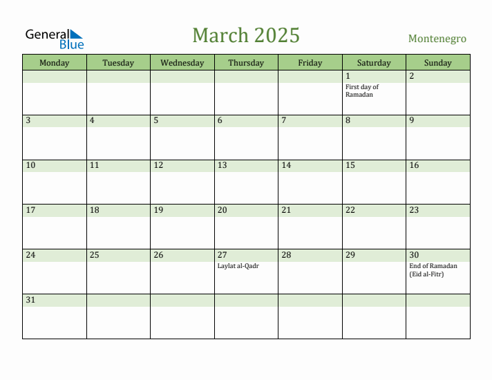 March 2025 Calendar with Montenegro Holidays