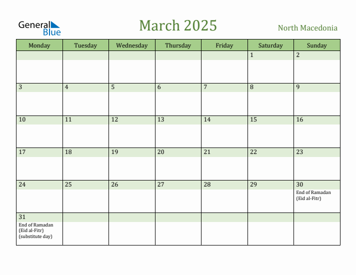 March 2025 Calendar with North Macedonia Holidays