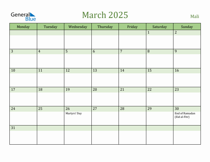 March 2025 Calendar with Mali Holidays