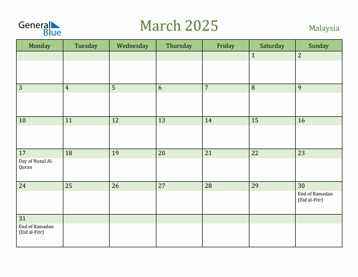 March 2025 Calendar with Malaysia Holidays