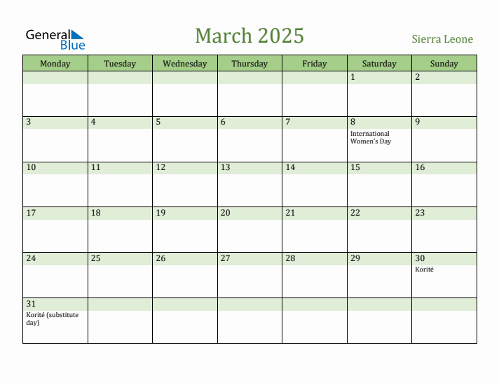 March 2025 Calendar with Sierra Leone Holidays