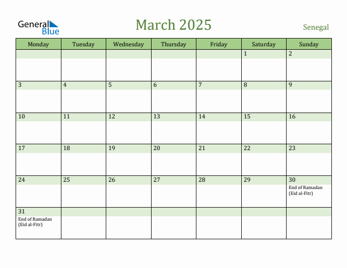 March 2025 Calendar with Senegal Holidays