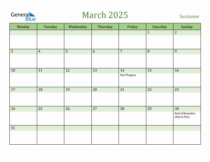 March 2025 Calendar with Suriname Holidays