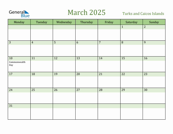 March 2025 Calendar with Turks and Caicos Islands Holidays