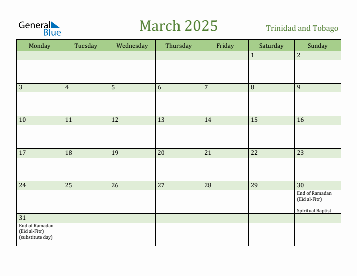March 2025 Calendar with Trinidad and Tobago Holidays