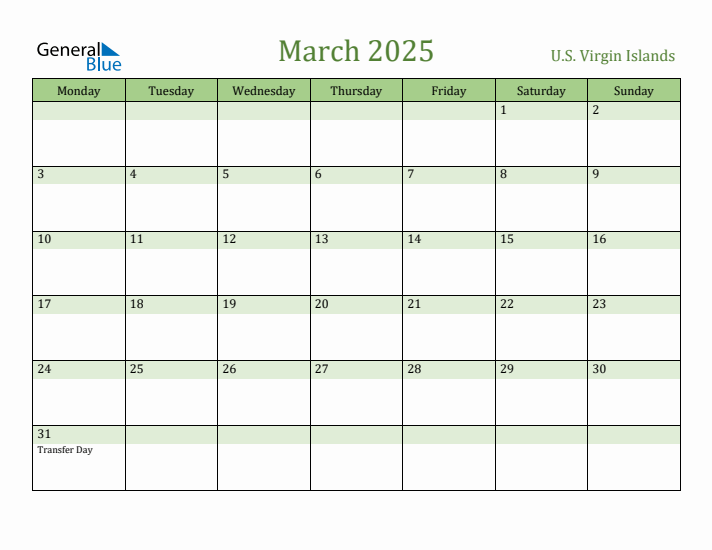 March 2025 Calendar with U.S. Virgin Islands Holidays