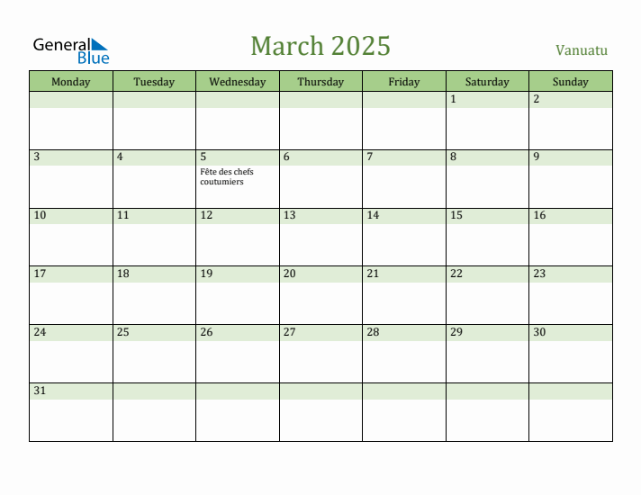 March 2025 Calendar with Vanuatu Holidays