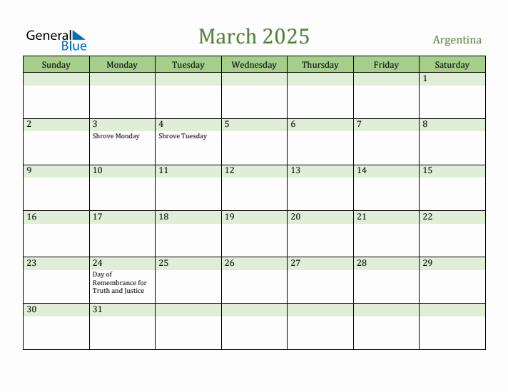 March 2025 Calendar with Argentina Holidays