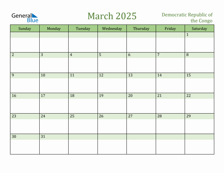 March 2025 Calendar with Democratic Republic of the Congo Holidays