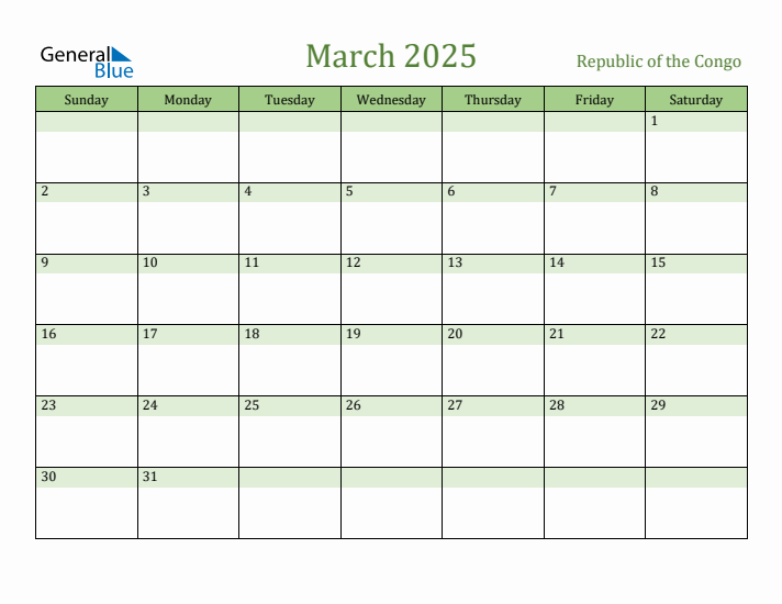March 2025 Calendar with Republic of the Congo Holidays
