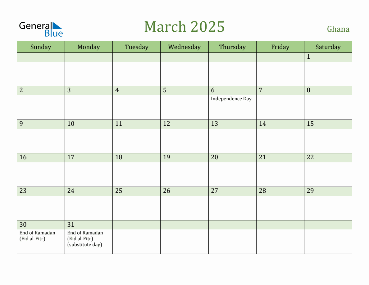 Fillable Holiday Calendar for Ghana - March 2025