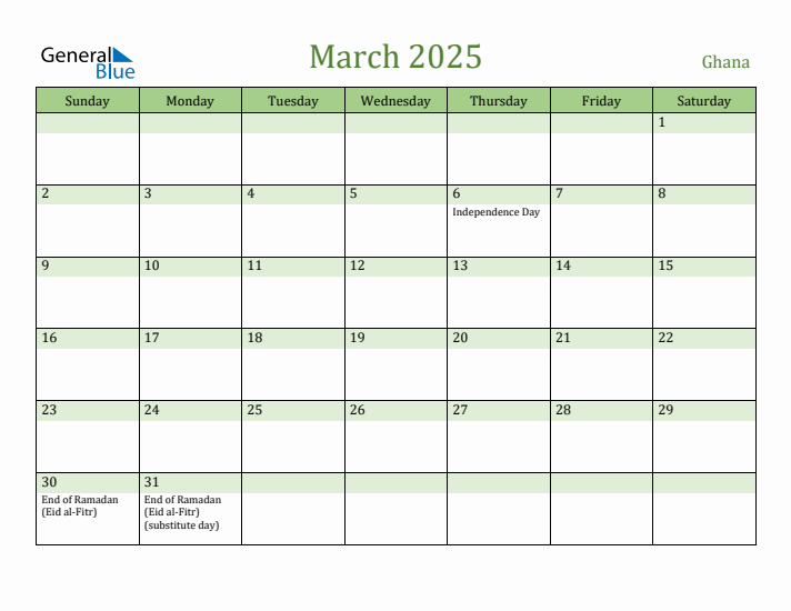 March 2025 Calendar with Ghana Holidays