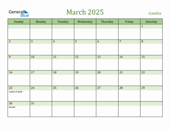 March 2025 Calendar with Gambia Holidays