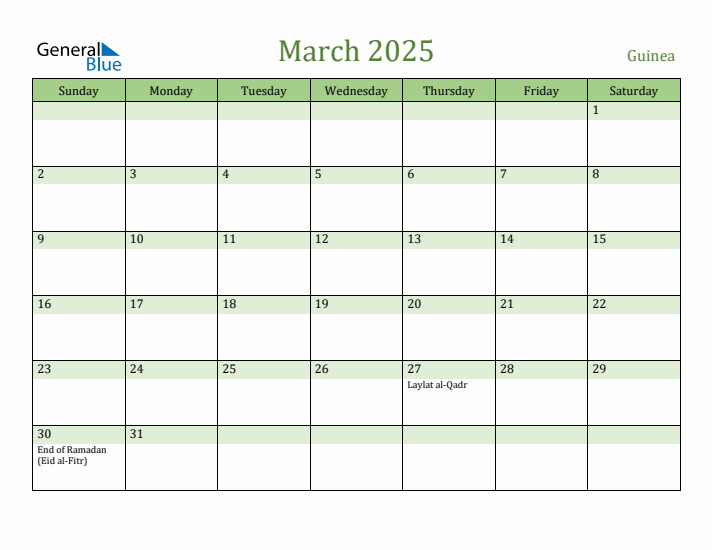 March 2025 Calendar with Guinea Holidays