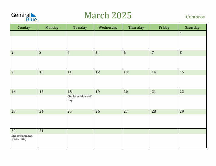 March 2025 Calendar with Comoros Holidays