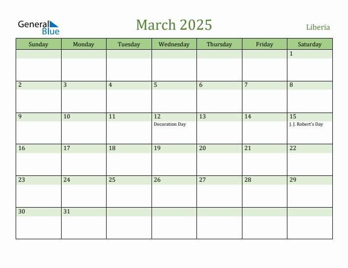 March 2025 Calendar with Liberia Holidays