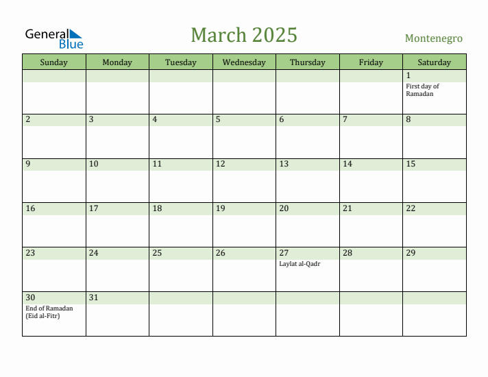 March 2025 Calendar with Montenegro Holidays