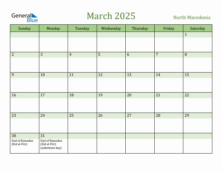March 2025 Calendar with North Macedonia Holidays