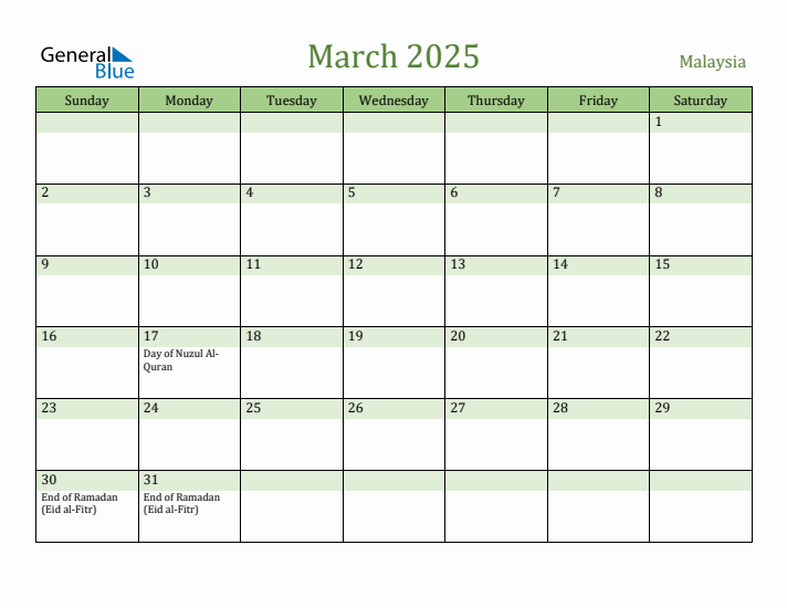 March 2025 Calendar with Malaysia Holidays