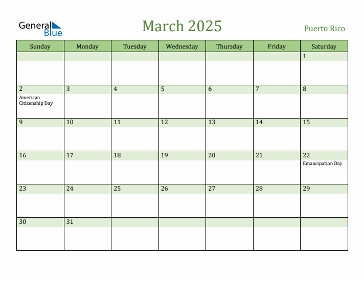 March 2025 Calendar with Puerto Rico Holidays