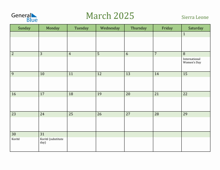 March 2025 Calendar with Sierra Leone Holidays
