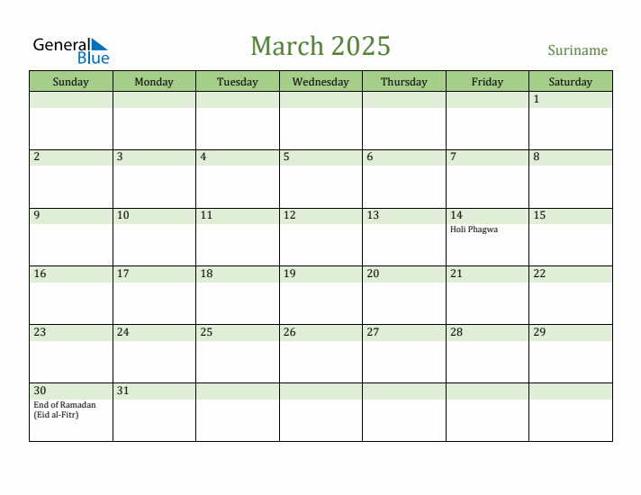 March 2025 Calendar with Suriname Holidays