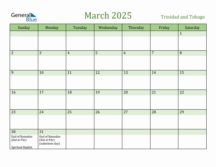 March 2025 Calendar with Trinidad and Tobago Holidays
