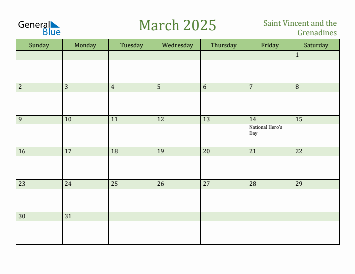 March 2025 Calendar with Saint Vincent and the Grenadines Holidays