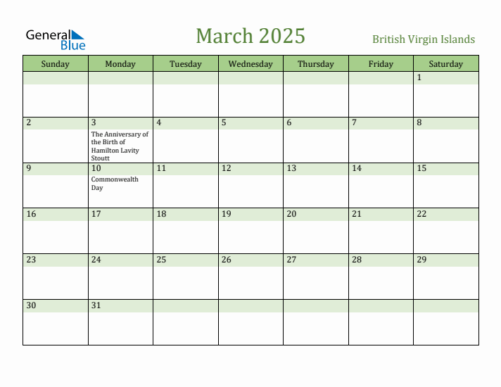 March 2025 Calendar with British Virgin Islands Holidays