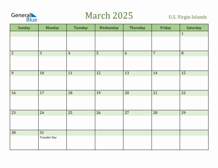 March 2025 Calendar with U.S. Virgin Islands Holidays