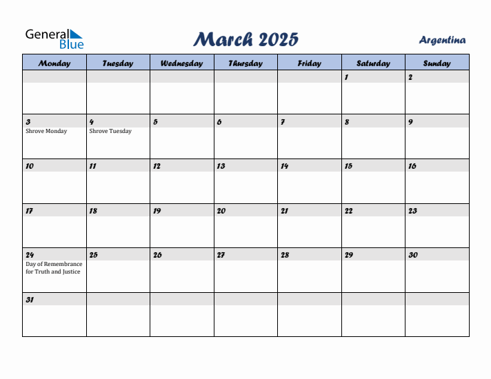 March 2025 Calendar with Holidays in Argentina