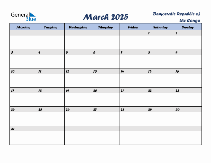 March 2025 Calendar with Holidays in Democratic Republic of the Congo