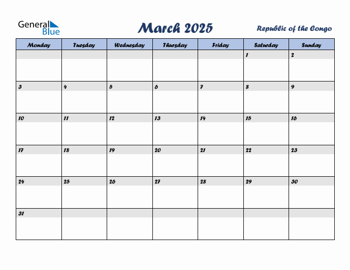 March 2025 Calendar with Holidays in Republic of the Congo