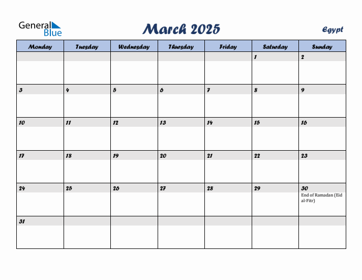 March 2025 Calendar with Holidays in Egypt