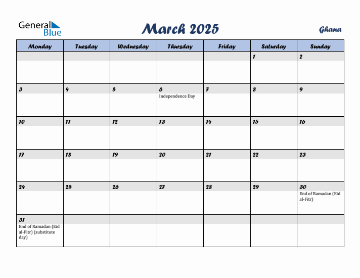 March 2025 Calendar with Holidays in Ghana