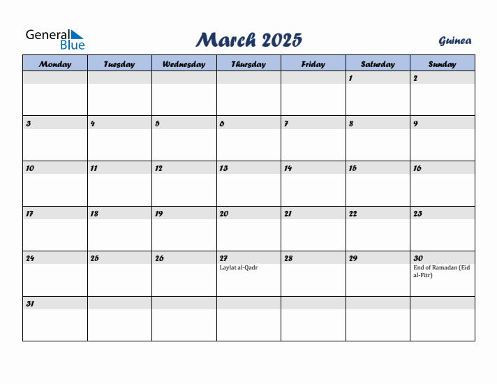 March 2025 Calendar with Holidays in Guinea