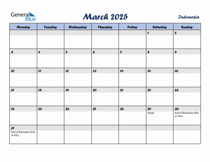 March 2025 Calendar with Holidays in Indonesia