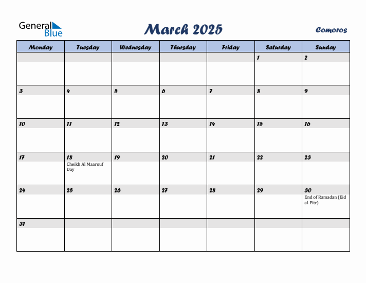 March 2025 Calendar with Holidays in Comoros