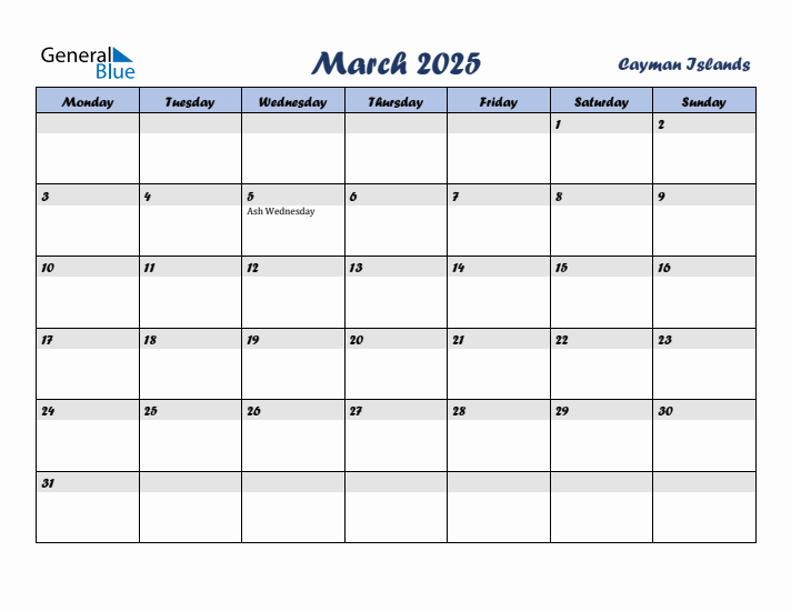 March 2025 Calendar with Holidays in Cayman Islands