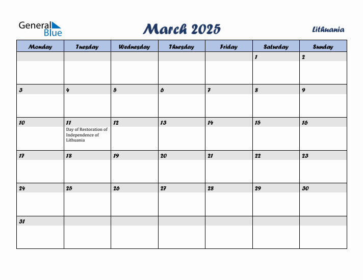 March 2025 Calendar with Holidays in Lithuania