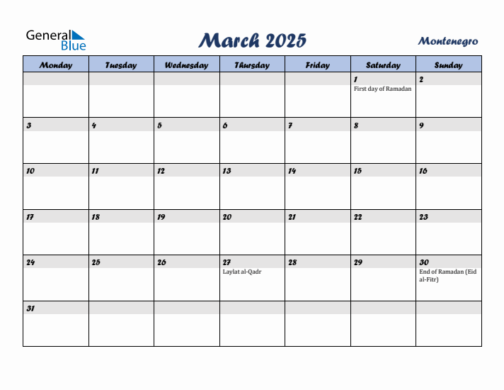 March 2025 Calendar with Holidays in Montenegro