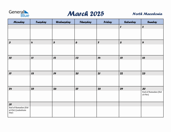 March 2025 Calendar with Holidays in North Macedonia